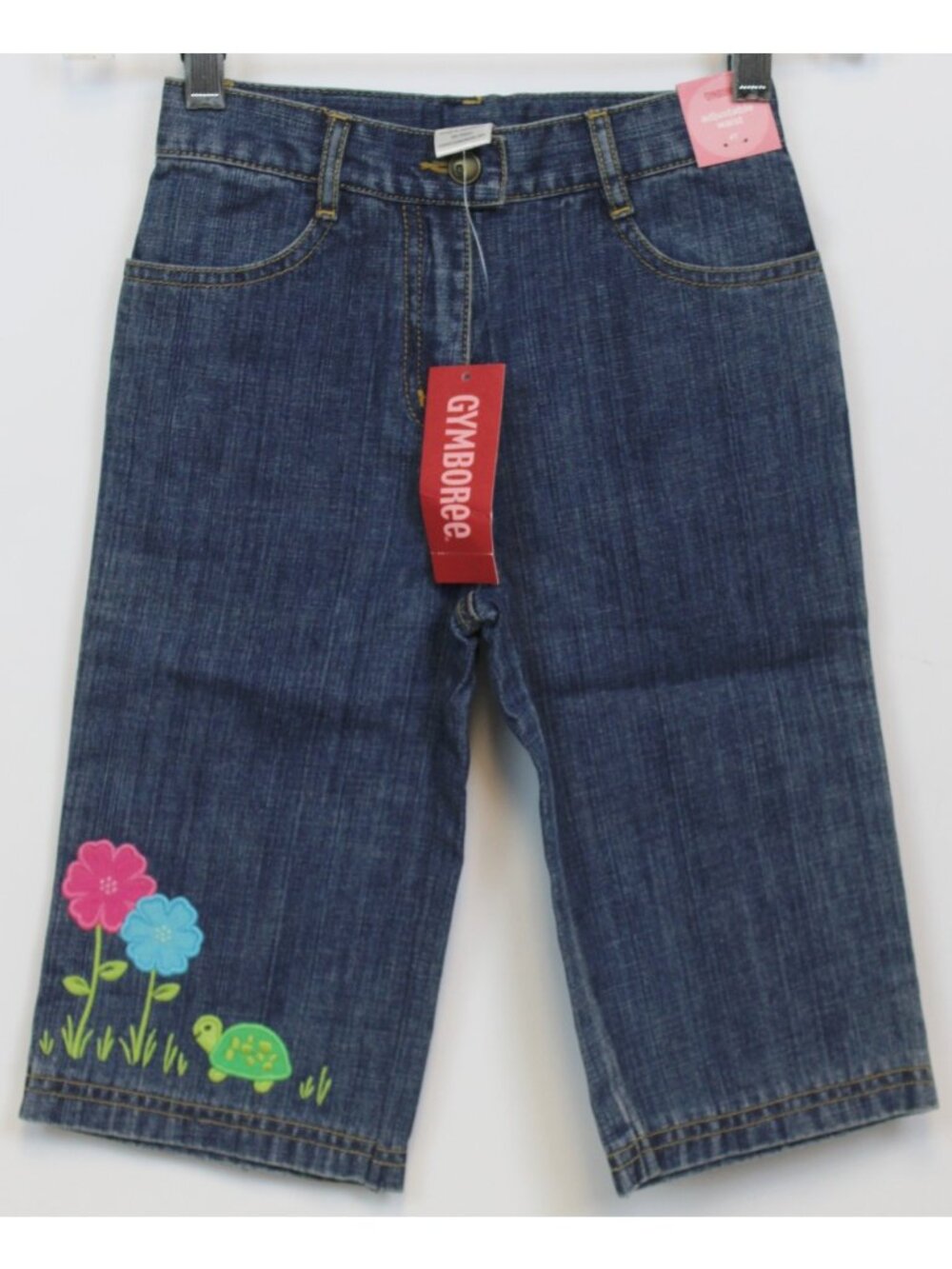 2008 Gymboree Tennis Match sz 4T Capri Jeans Applique Turtle Flower Adjust Waist